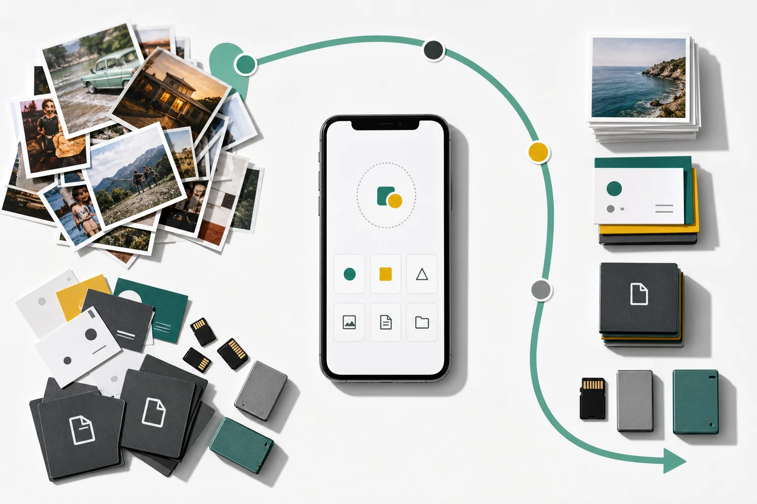 A phone between unsorted photos and neatly organized media, file, and contact stacks